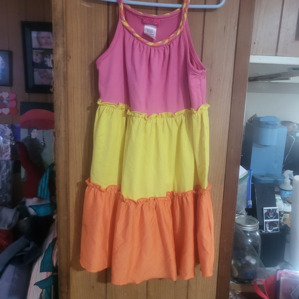 Zunie Pink Yellow Orange Braided-Neck Sundress
